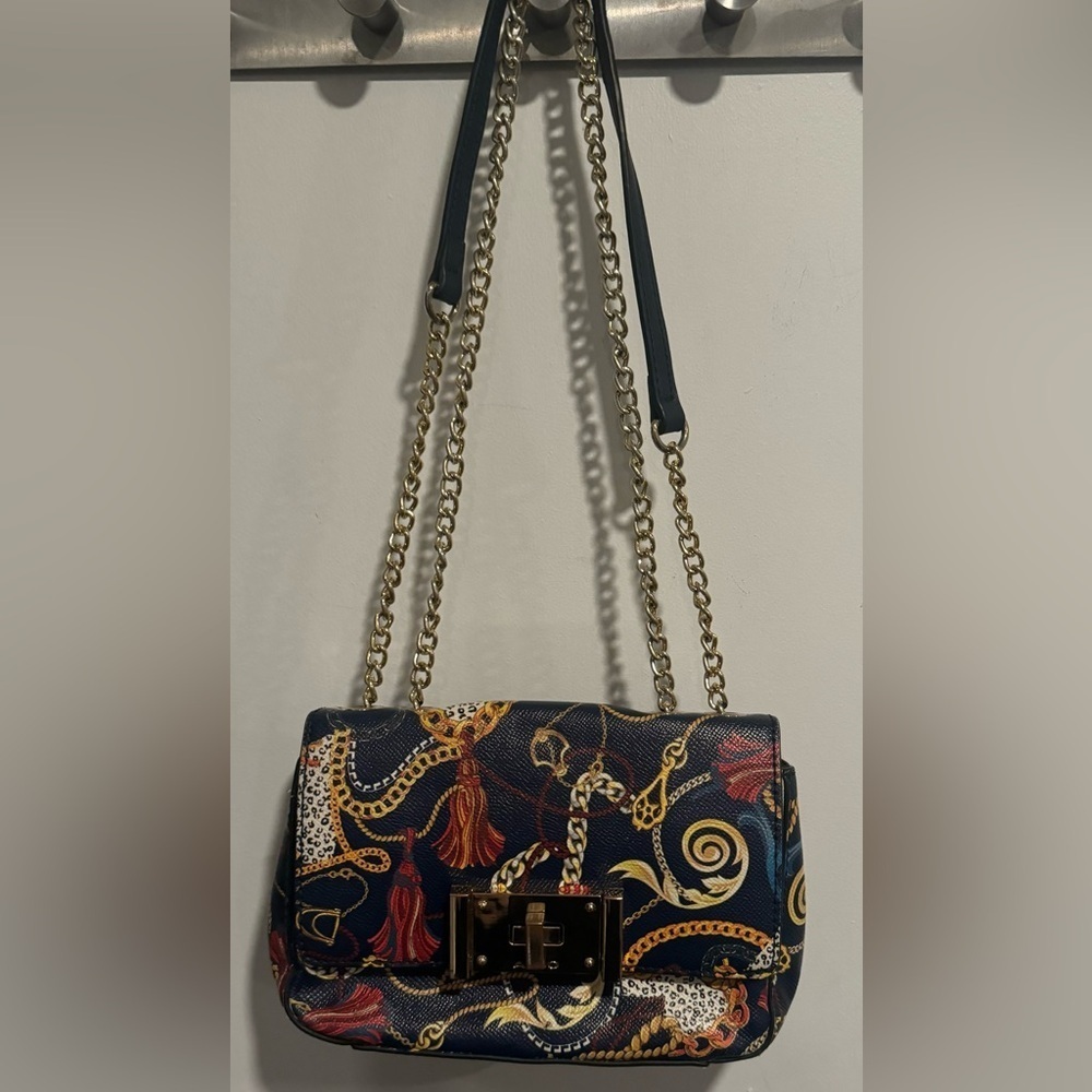 Aldo shoulder bag clutch faux leather chain print black gold orange convertible